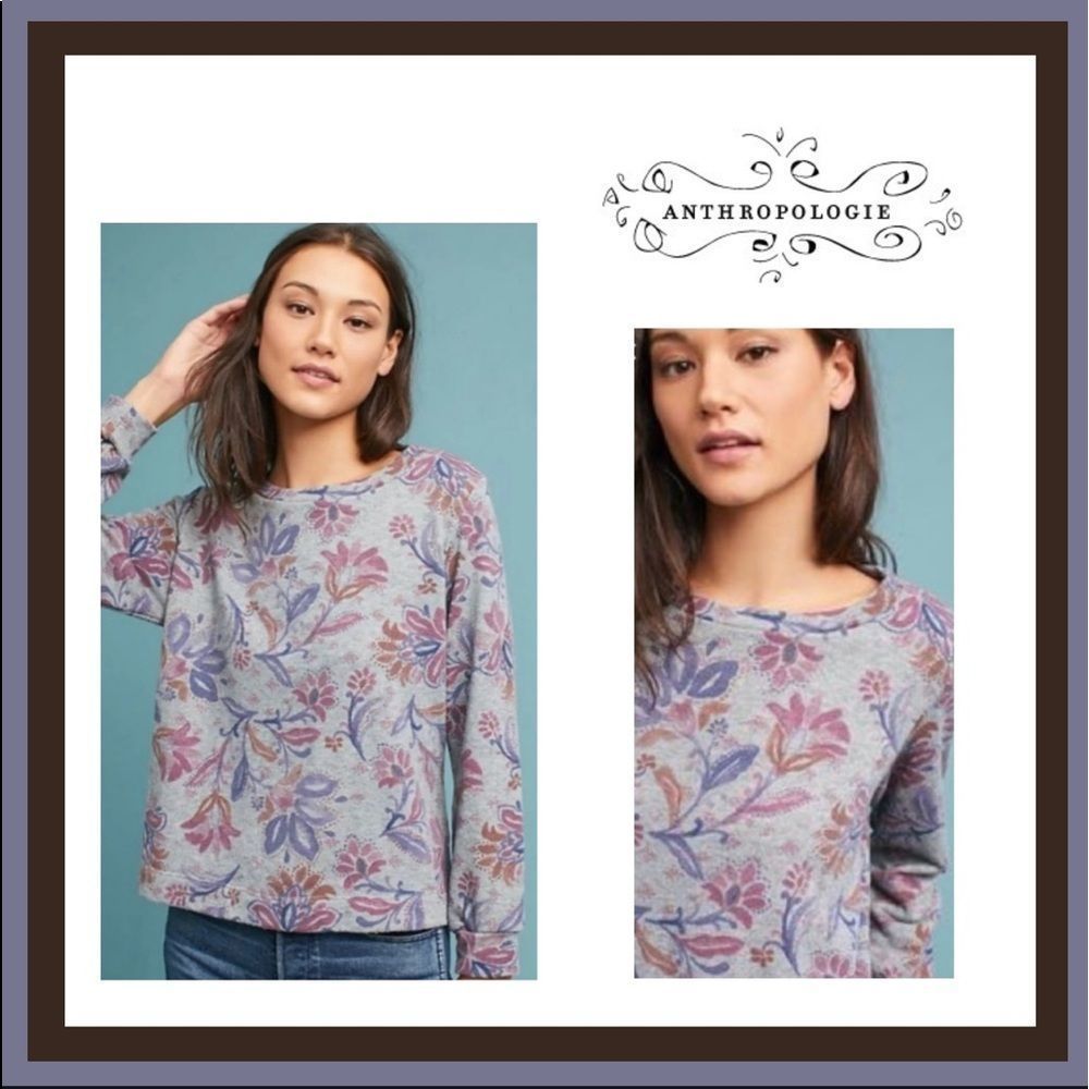 Anthropologie T. La Floral Grey Pullover Crew Neck Sweatshirt Size S
